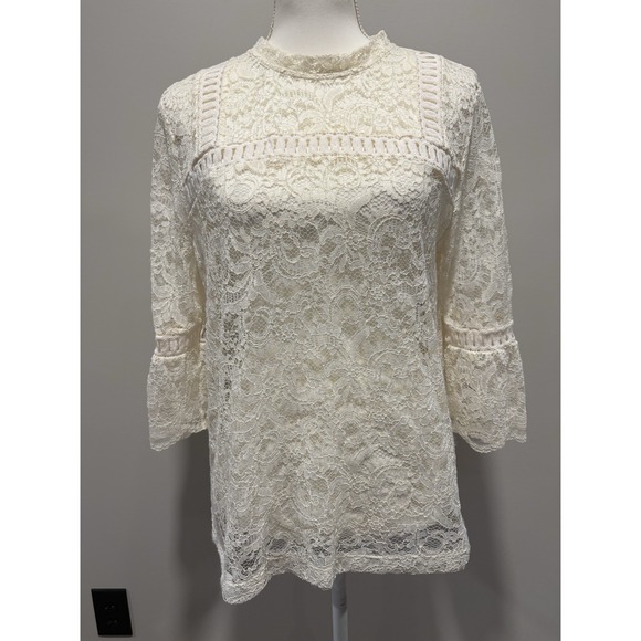 Taylor Tops - Ann Taylor Loft Women's Large Mock Neck 3/4 Sleeve White Sheer Lace Top Ethereal
